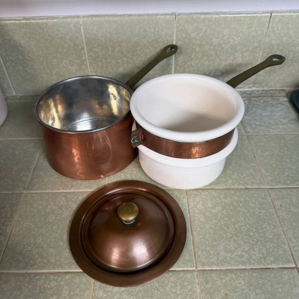 Waldow Brooklyn NY Copper Double Boiler with Ceramic Insert and Brass Handles